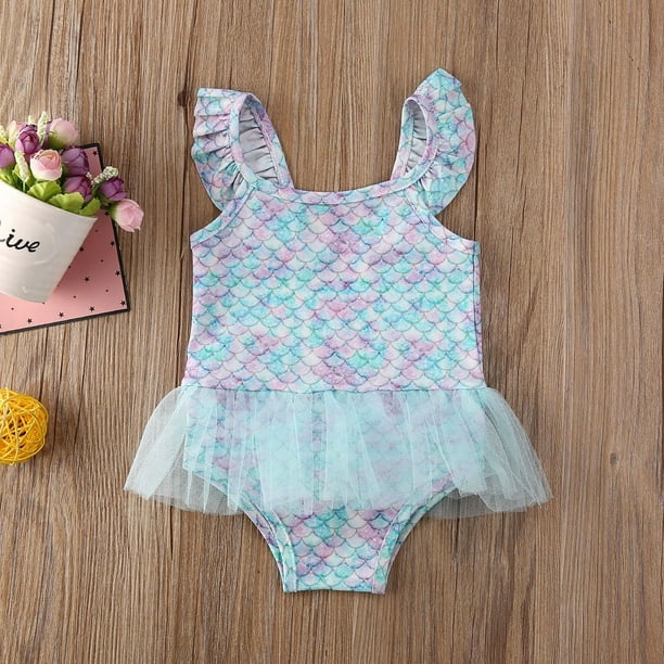 Toddler Baby Girl Swimsuit Fish Scale Ruffle Sleeve Bathing Suit One Piece Swimwear Beachwear