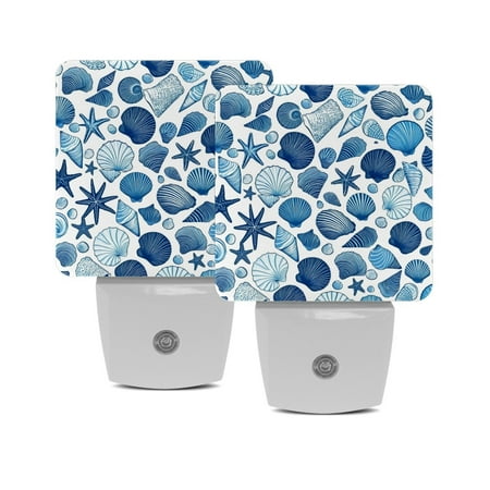 

LED Night Lights Plug into Wall 2-Pack 0.5W Plug in Night Light Dusk to Dawn White Bright Nightlight for Bedroom Bathroom Hallway Kitchen Blue Scallop Conch Starfish Vintage Marine Pattern