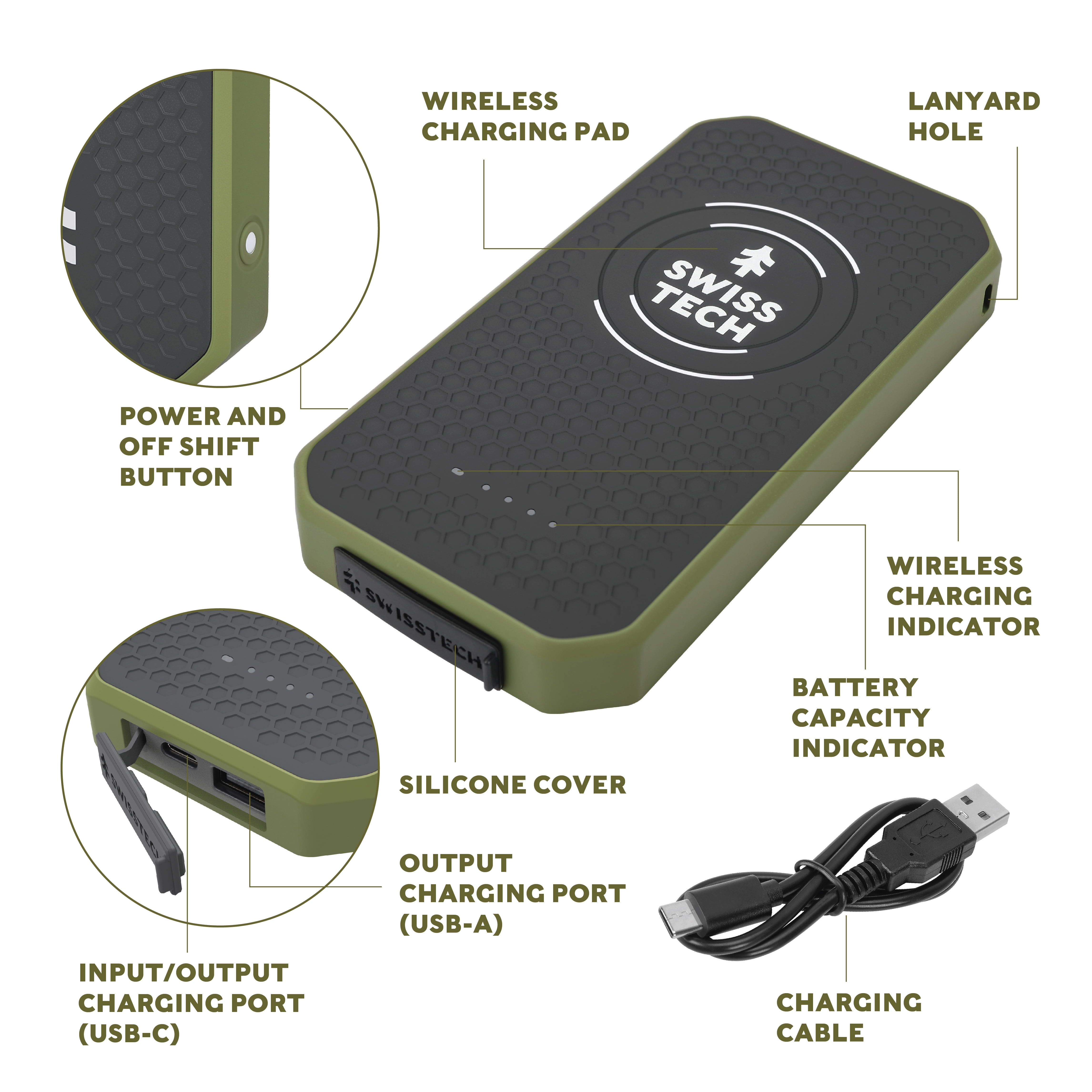 Swiss Tech 10,000 mAh Portable Wireless Power Bank, IPX4 Weatherproof & Drop Resistant, USB-C and USB-A
