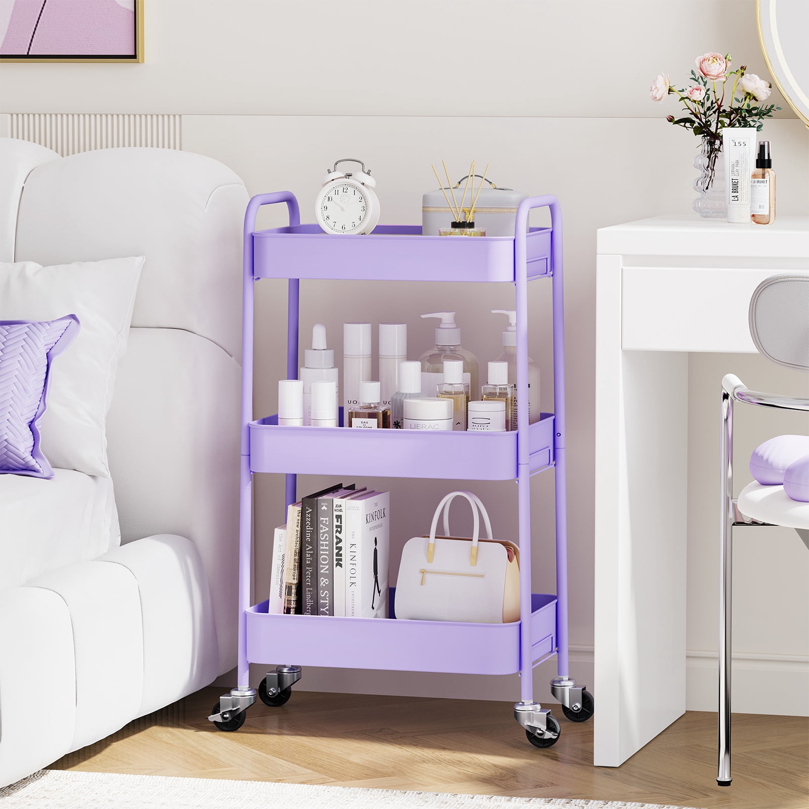 KK KINGRACK 3-Tier Rolling Cart, Metal Utility Cart with Wheels, Home Office School Organizer, Purple