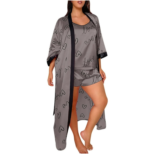 Timegard 3pc Plus Size Loungewear Outfits for Women Print Strap V Neck Tops Long Sleeve Open Front Robe Short Pants Sets