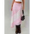 thumbnail image 3 of Pink Patchwork Asymmetrical Midi Skirt With Floral And Gingham Print Flowy Lightweight Vintage Style, 3 of 4