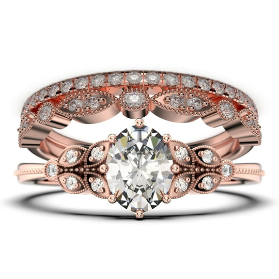 Gorgeous Boho & hippie 2.25 Carat Oval Cut Vintage Look Diamond Moissanite Engagement Ring Set, Wedding Ring in 925 Sterling Silver With 18k White Gold Plating, Trio set