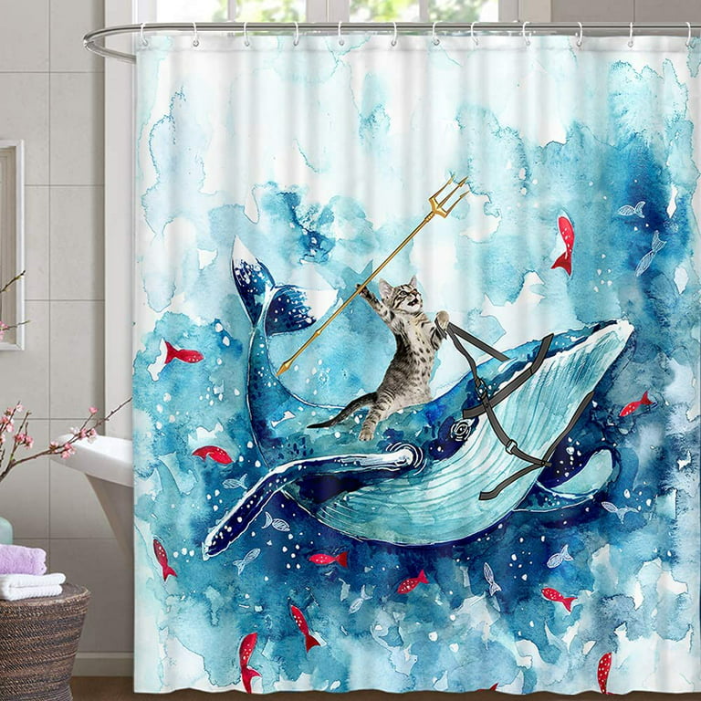 Funny Cat Whale Shower Curtain, Hilarious Cat Holding Trident Riding Shark  in Ocean Shower Curtain, Cute Kids Shower Curtain for Bathroom Watercolor