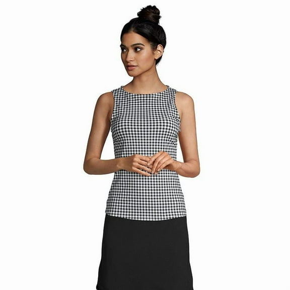 Lands' End Womens Chlorine Resistant High Neck Tankini Top Black/White Gingham Regular 8