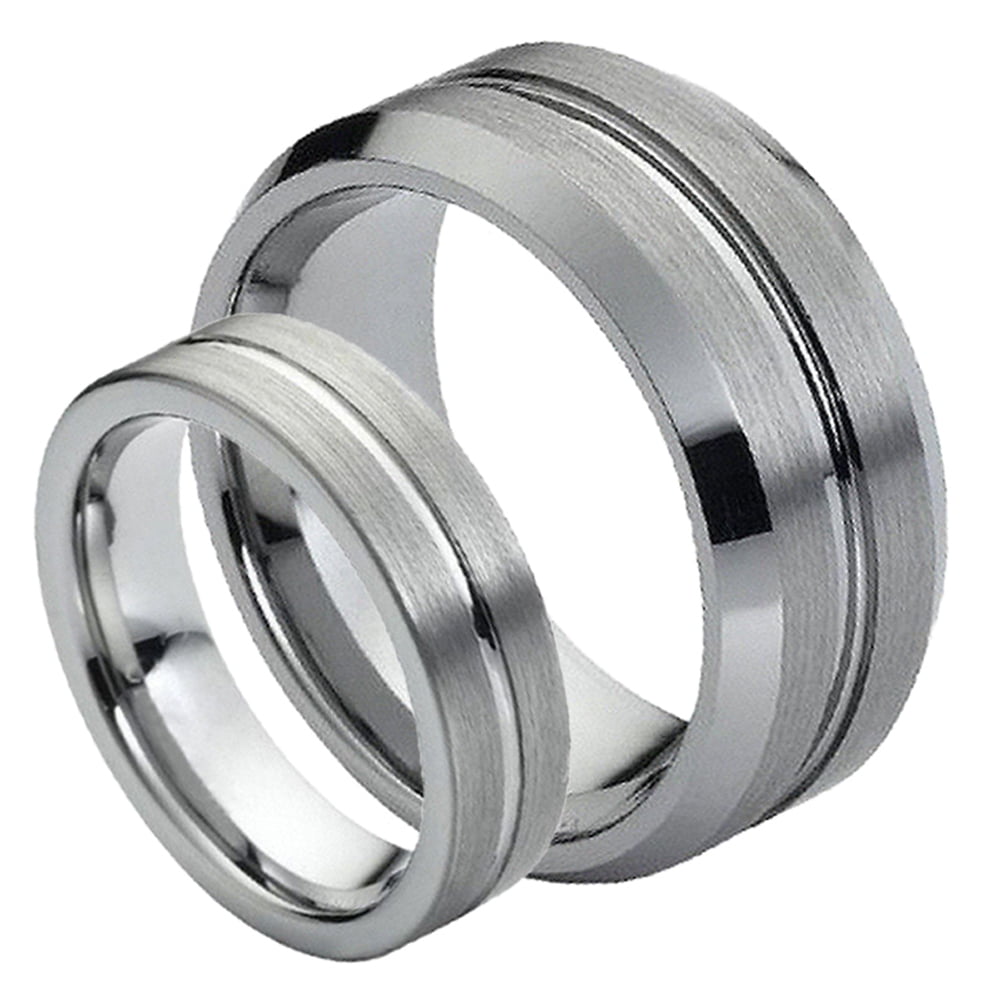 8mm Silver Grooved Brushed Center Band Men's Stainless Steel Ring 