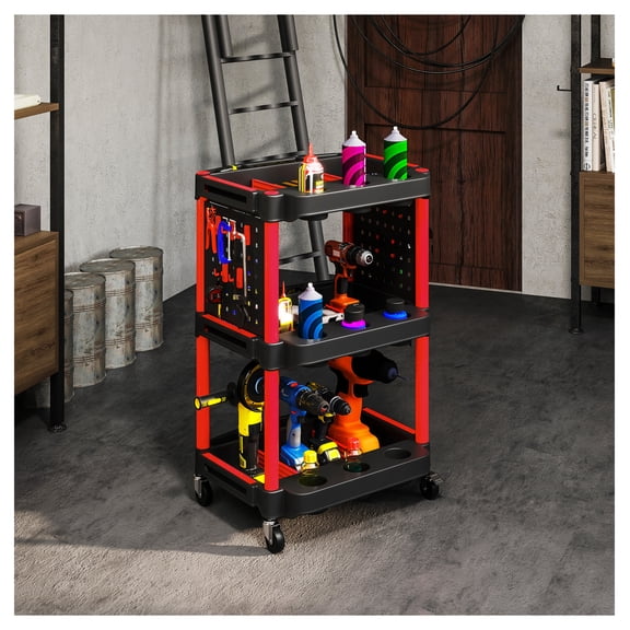 Rolling Tool Cart 3 Tier, 200 LBS Heavy Duty Utility Cart with Wheels & Side Shelves for Garage, Workshop, Black & Red