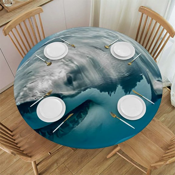 Fitted Round Tablecloth ,white shark animal Table cover,Elastic Edged Table Cloth Fits Round Tables