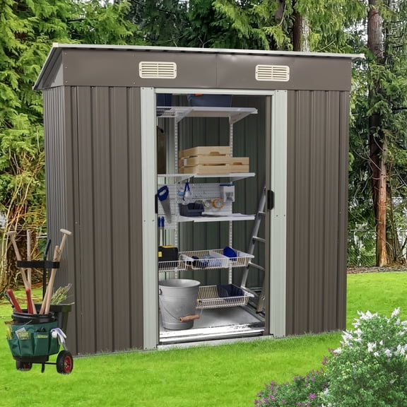 CarButler 6x4ft Metal Outdoor Storage Shed with Lockable Sliding Doors for Garden Backyard Patio Gray