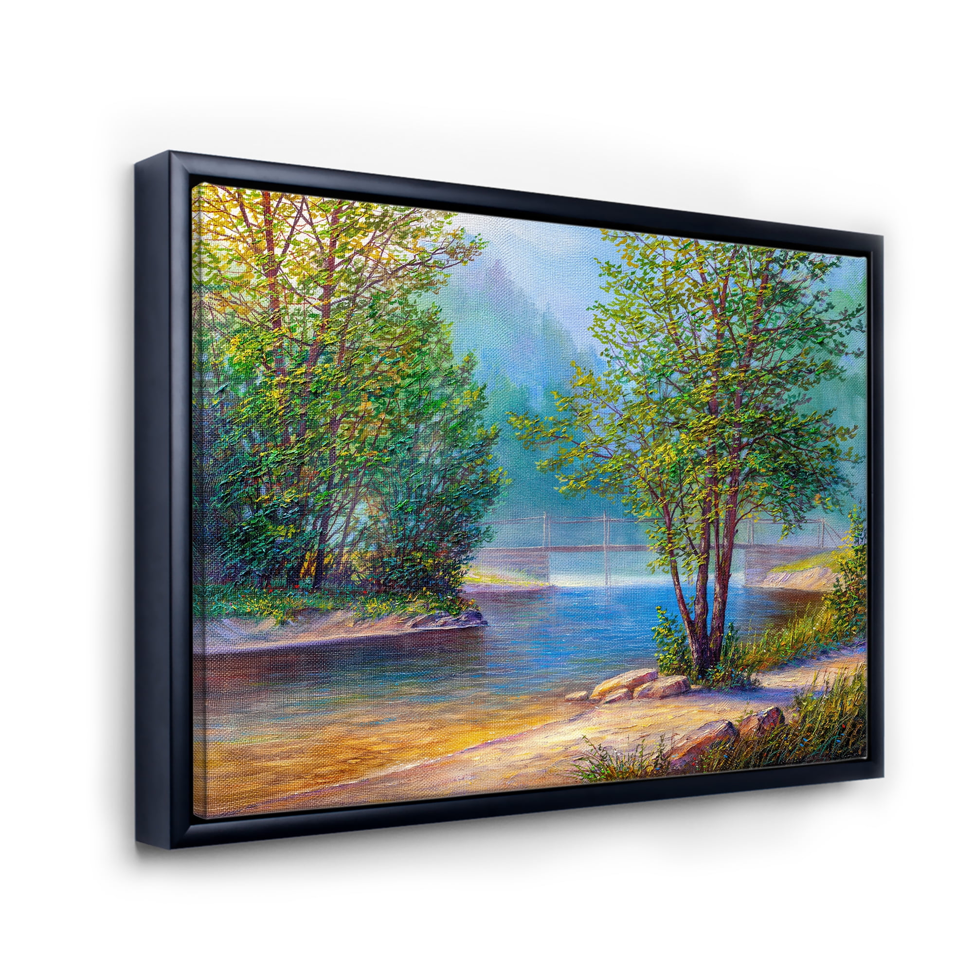 Designart 'Green Trees By The Bridge Over River' Traditional Framed Canvas Wall Art Print