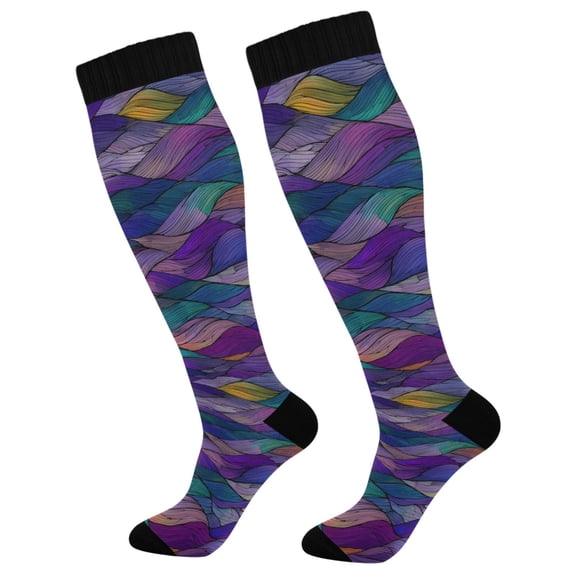 FORMRS Womens Knee High Socks Casual Long Thick Travel Daily Wear, 1 Pair, Purple Waves Pattern