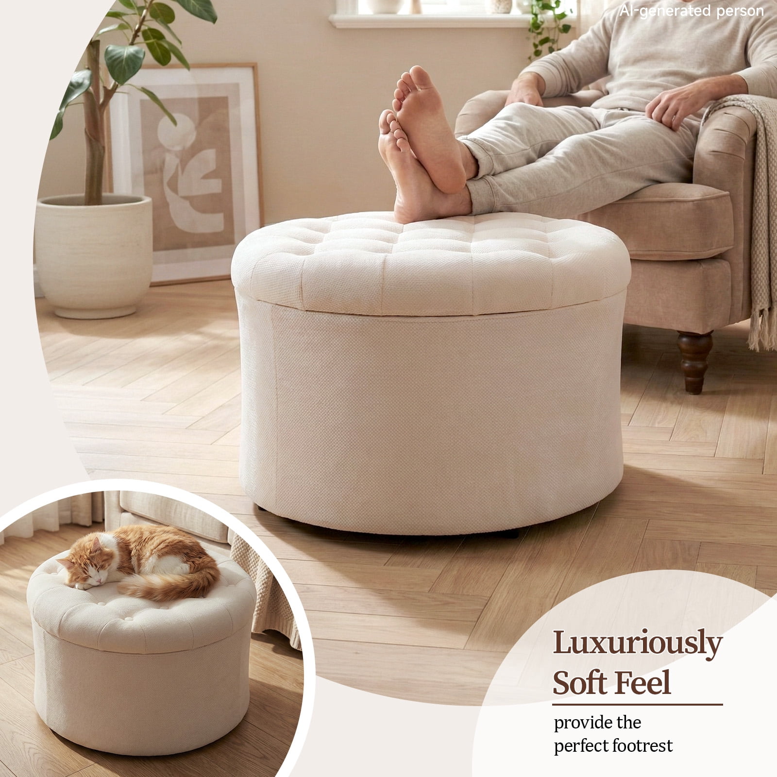 Dovov 25" Tufted Round Ottoman with Storage, Large Storage Ottoman Footrest Flip Top Foot Stool, 220lbs Capacity, Beige