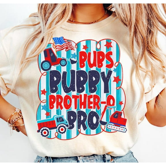 Bubs Patriotic Truck T-Shirt– Cute Brother Shirt with American Flag and Construction Truck, 4th of July Outfit for Boys