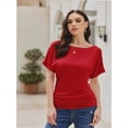 thumbnail image 4 of Women's Solid Short Sleeve Boat Neck Dolman Top with Side Shirring Trendy Casual Loose Fit T-Shirt, 4 of 7