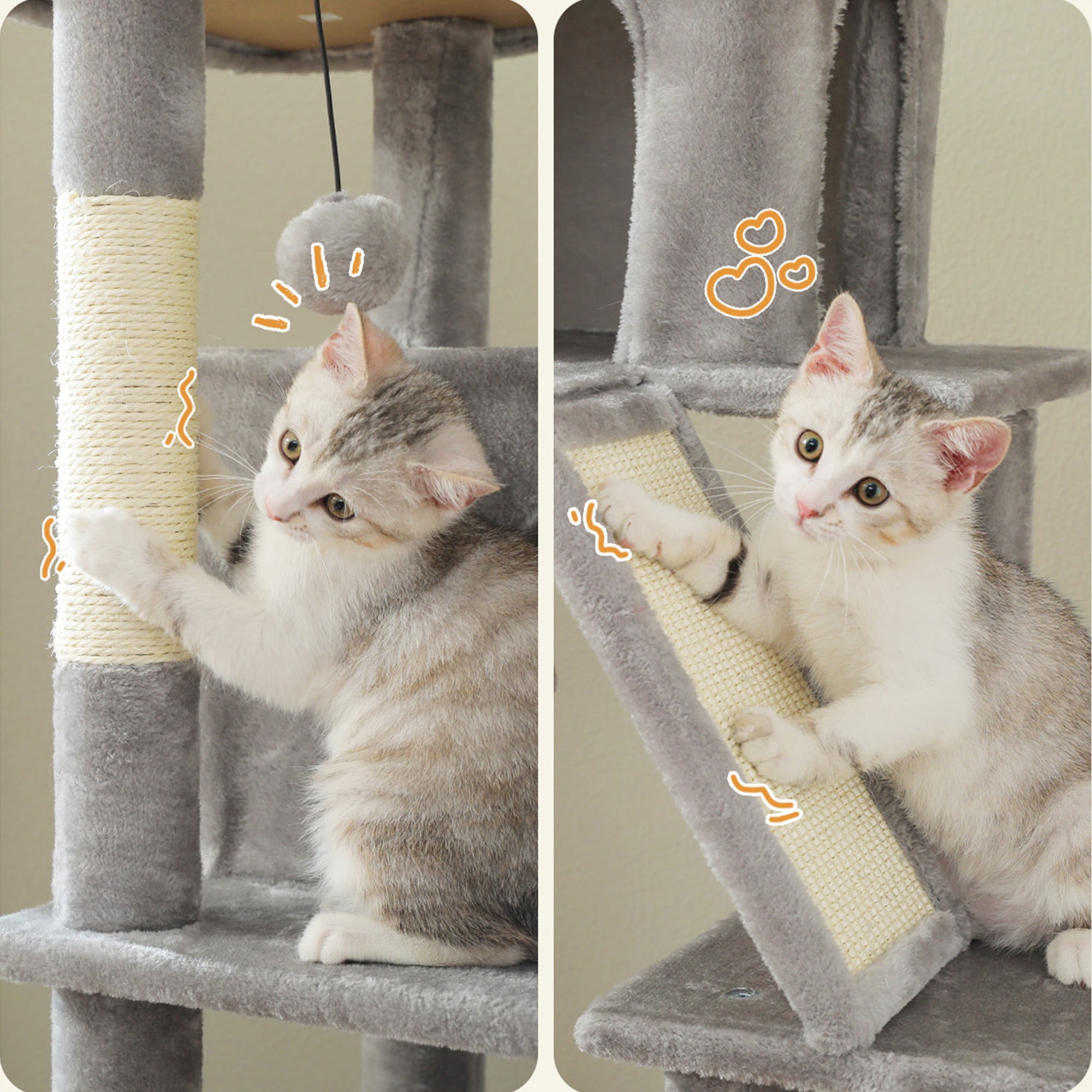 Kadyn 71" Large Cat Tree Tower for Indoor Cats, Multi-Level Cat Tree House with Padded Perches, Scratcher, Hammock, 2 Cozy Cat Condos and Scratching Posts, Gray