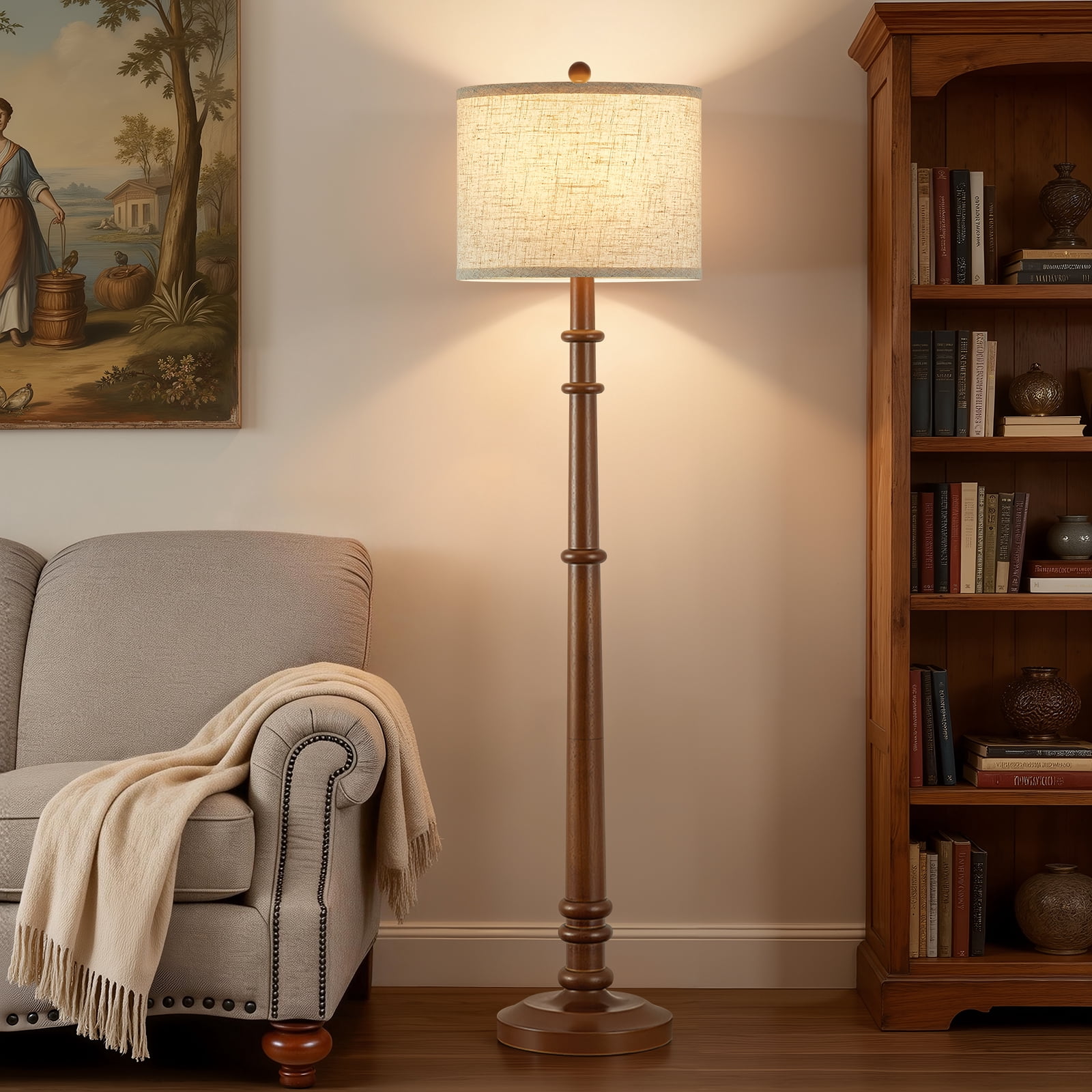 NATYSWAN Floor Lamps for Living Room - 60" Wood Farmhouse Floor Lamp with Adjustable Color Temperatures - Vintage Standing Lamp Reading Light with Linen Shade Rustic Tall Lamp for Bedroom