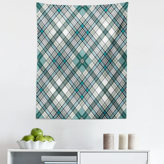 Checkered Tapestry, Vintage Fashion English Country Style with Modern Look in Soft Colors, Fabric Wall Hanging Decor for Bedroom Living Room Dorm, 5 Sizes, Aqua Pale Grey White, by Ambesonne