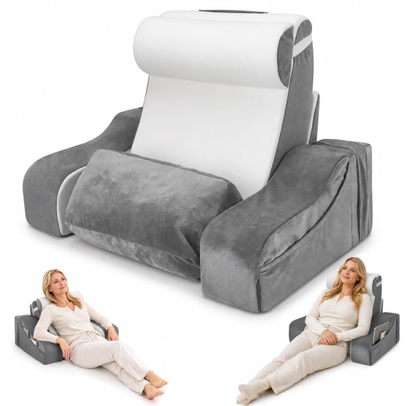 Reading Pillow, Back Pillow for Bed with Adjustable Headrest & Independent Lumbar Support, Detachable Armrest Sit Up Pillow for Bed, Dual Side Storage Pockets for Reading Gaming Nurs Sofa