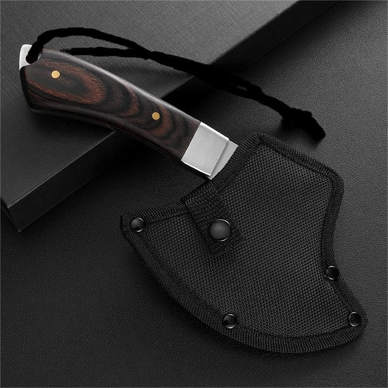 8.5" Camping Hatchet Axe with Nylon Sheath,Small Tomahawk Viking Forged High Carbon Steel for Full Tang Wooden Grip,Portable Outdoor Splitting Wood,Hunting Survival