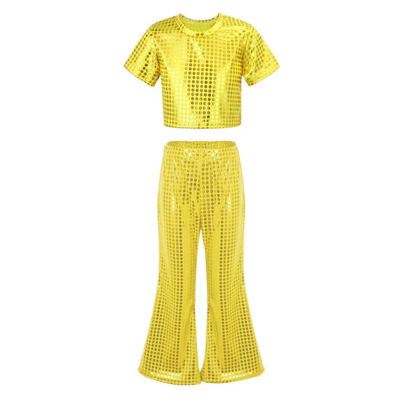 Teen Girls Dance Sparkly Gold Dance Short Sleeve Top and Flared Pants Two Piece Outfit Set Girls Jazz Outfits for Dance Street Dance Outerwear 14-16 Years