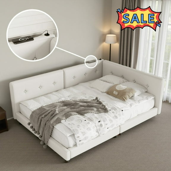 Tcbosik Queen Size Corner Platform Bed with USB Ports, L-Shaped Upholstered Daybed for Living Room, Guest Room, No Box Spring Needed, Beige