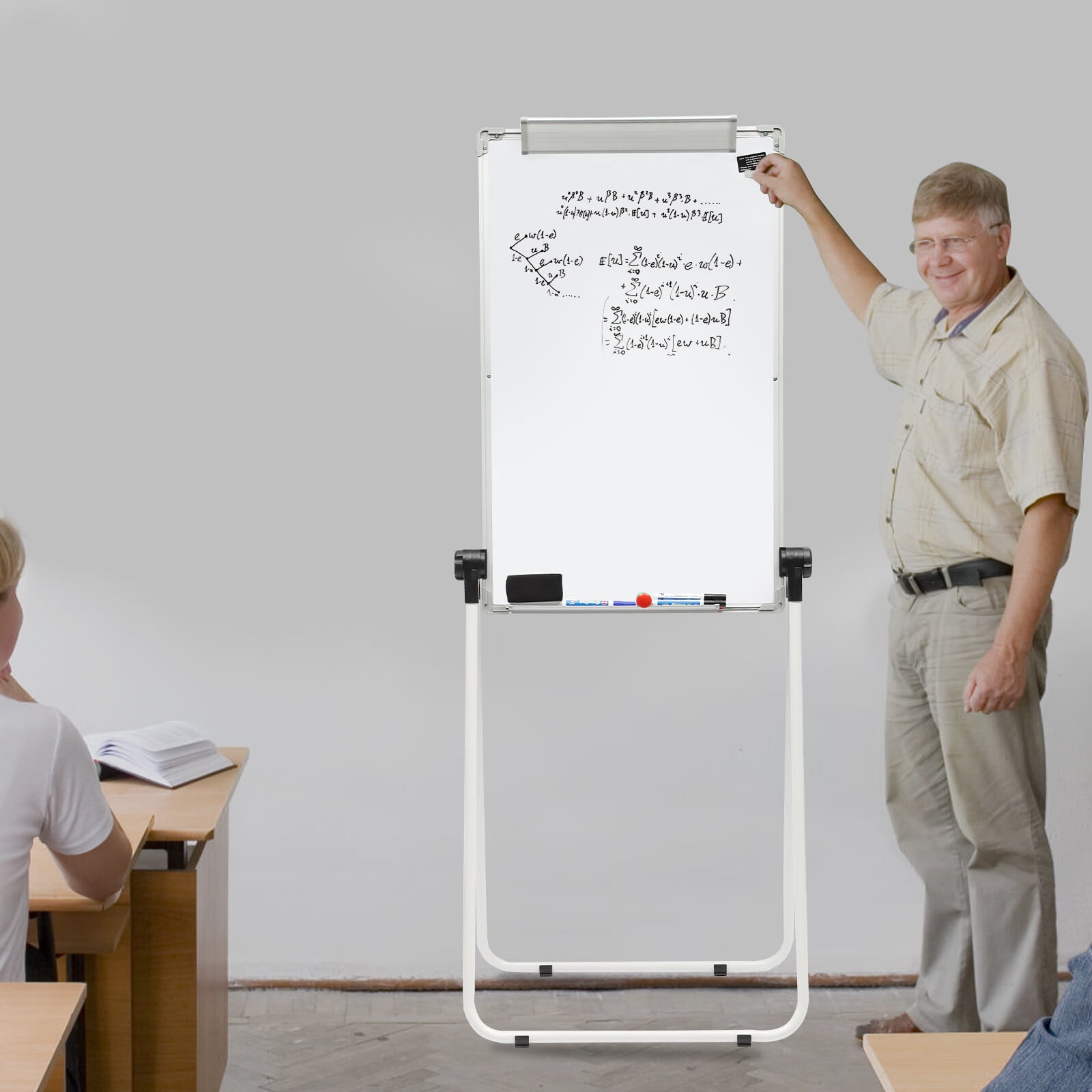 Loyalheartdy 36x24In Portable Whiteboard Double Sided Magnetic Dry Erase Board Standing Adjustable White Board w/Marker Pen, White