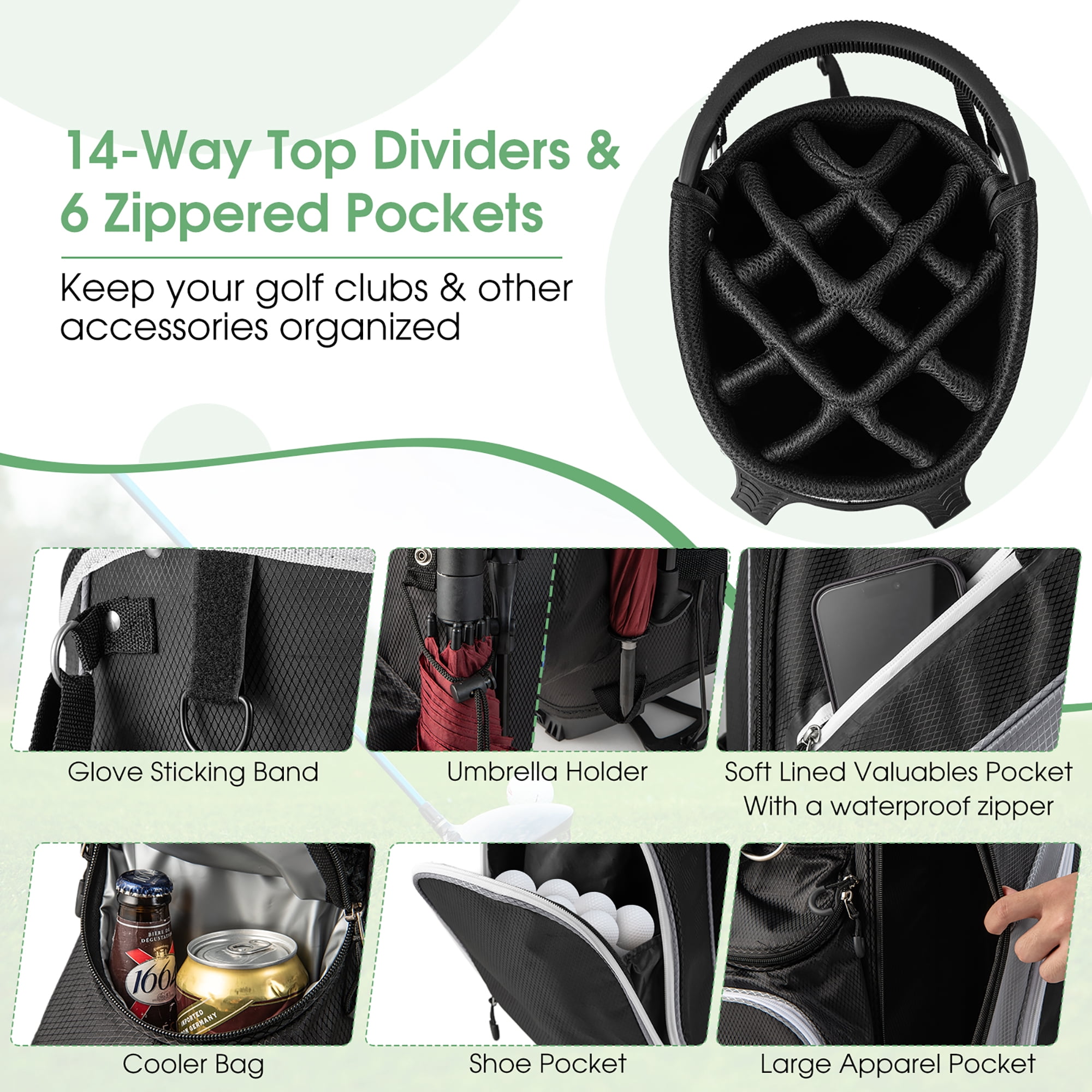 Gymax Golf Stand Bag Golf Club Bag w/ 14 Way Top Dividers & 6 Pockets & Carrying Handles Grey