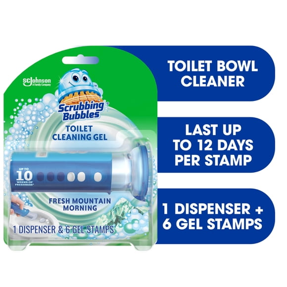 Scrubbing Bubbles® Toilet Bowl Cleaner, Fresh Gel Stamp, Fresh Mountain Morning Scent, Dispenser with 6 Gel Stamps