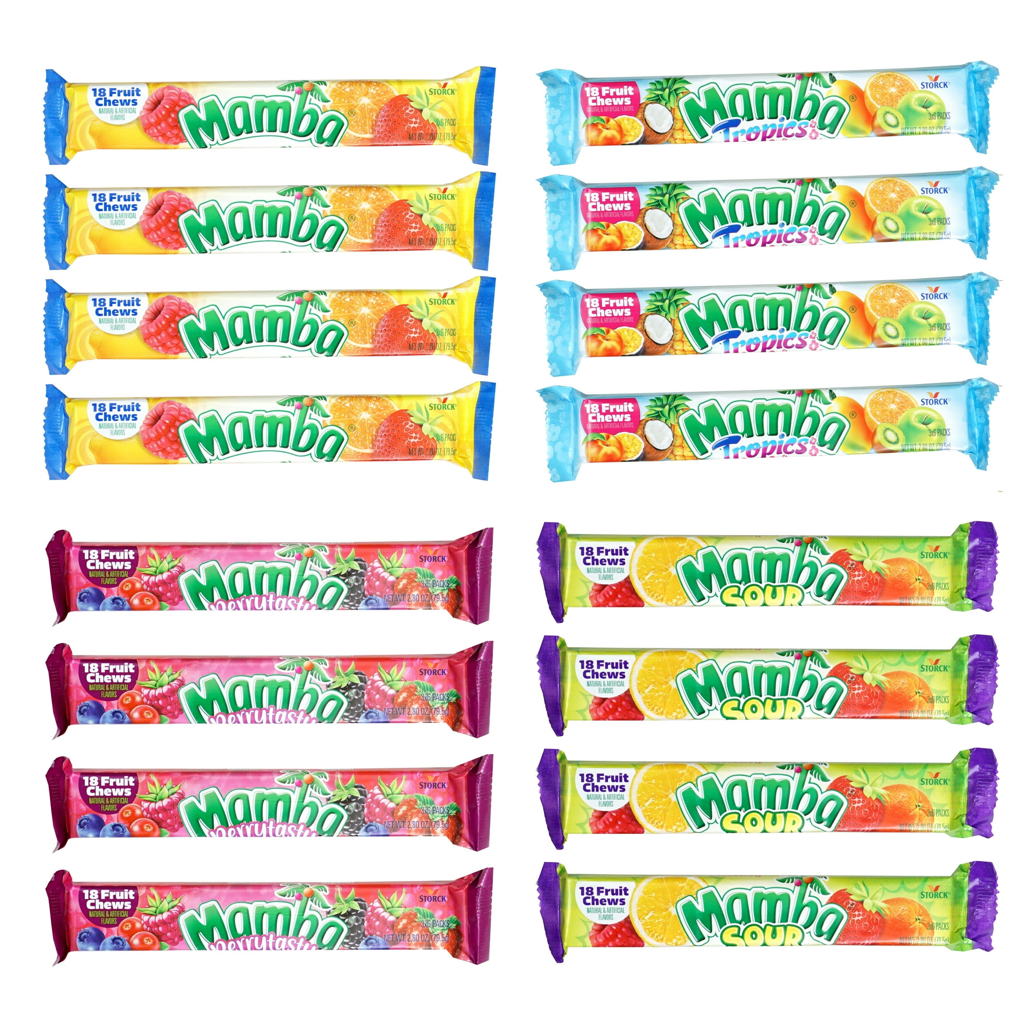 Mamba Sticks Snack Variety Pack, 16 Pack Mamba Candy, Original, Tropics, Sour, Tropics, Berrytasty