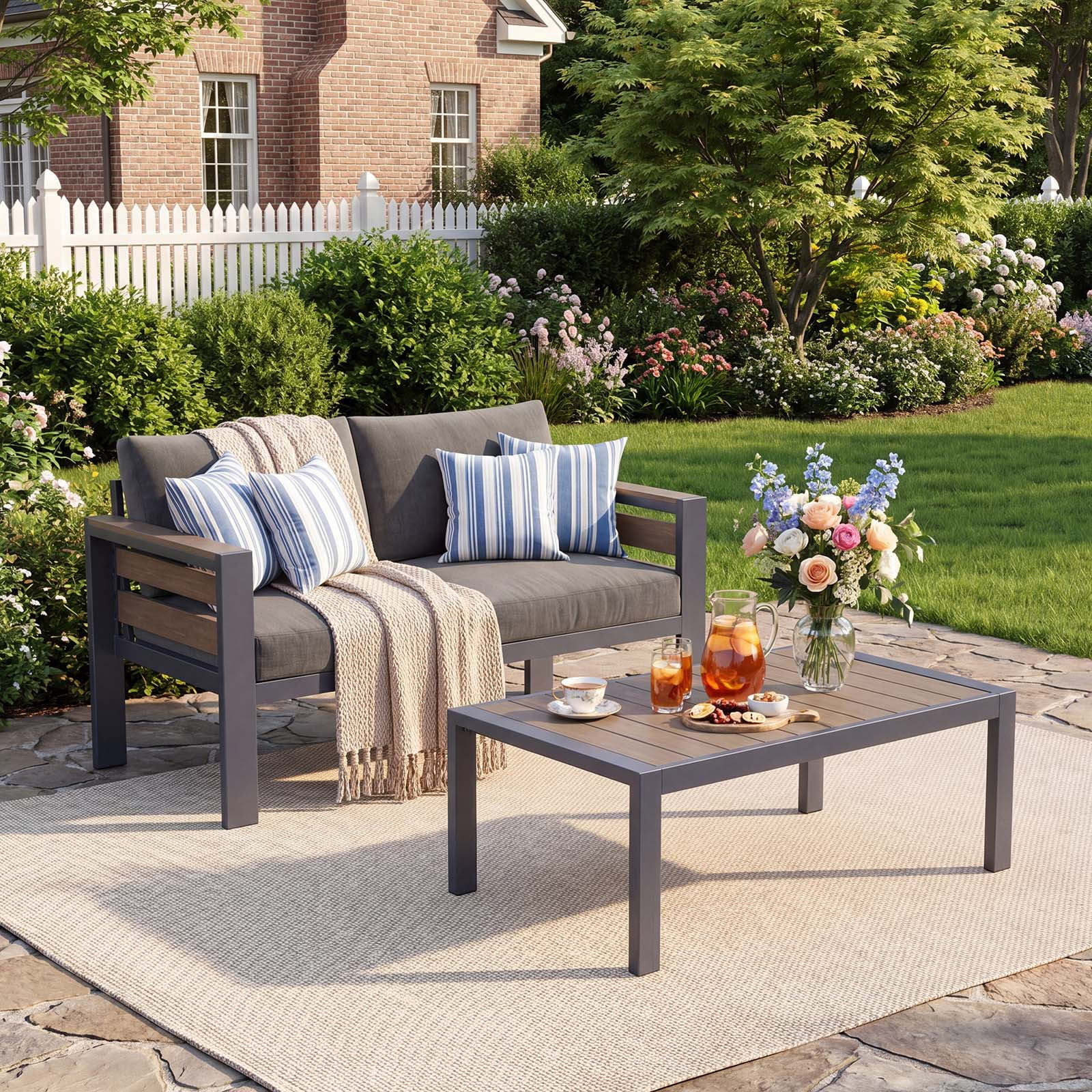ABORON Patio Furniture Set, Patio Conversation Sets Sectional Sofa with 27" Deep Seating, 2-Seater Outdoor Patio Furniture Set w/ Coffee Table and All-Weather Thick Cushion, Easy Assembly