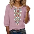 thumbnail image 2 of Linen Tops for Women Elbow Sleeve Cotton Linen Tops Lightweight Pullover Shirt 3/4 Length Sleeve Womens Tops Retro Embroidered 3/4 Sleeve Boho Tops Loose Fit Blouses Soft Floral Top 3XL, 2 of 8