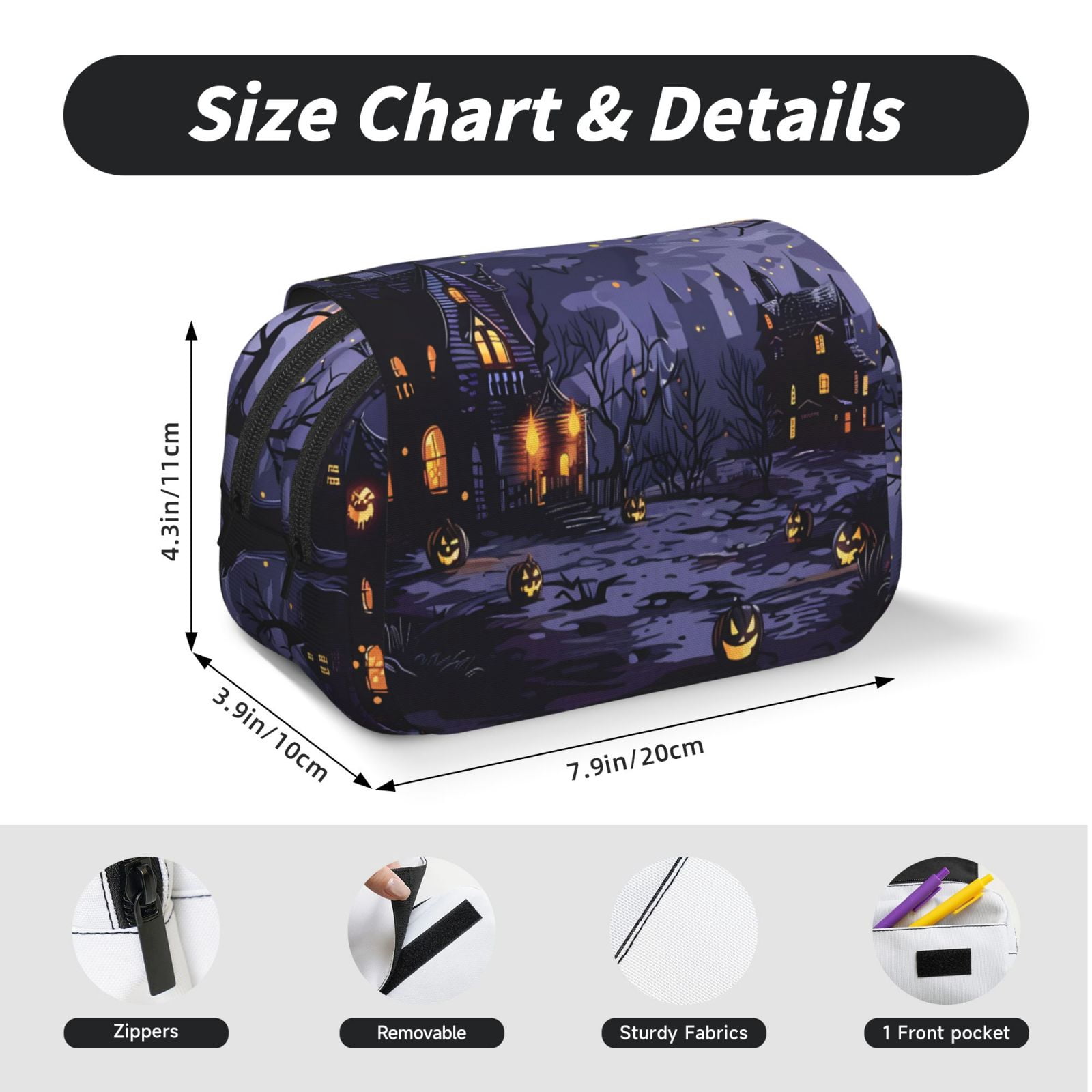 Rateoe Mystery House Halloween Night Pattern Double Clamshell Pen Case, Storage Organizer with Two Zipper Compartments– Holds Up to 50 Pencils & Pens
