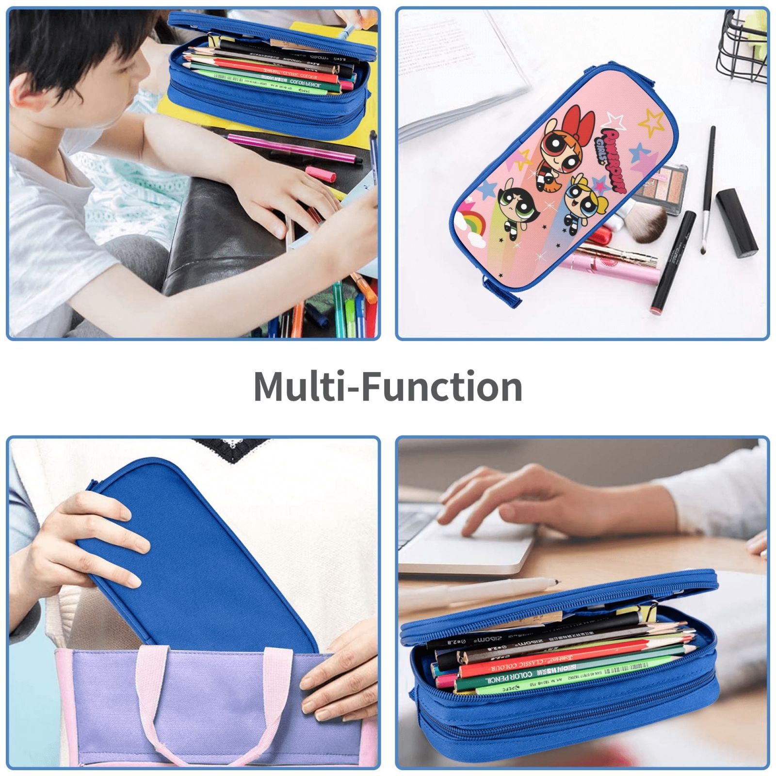 The Powerpuff Gi-rls Pencil Case Large Capacity Pencil Pouch Penbag Office Stationery Organizer Travel Makeup Bag Blue