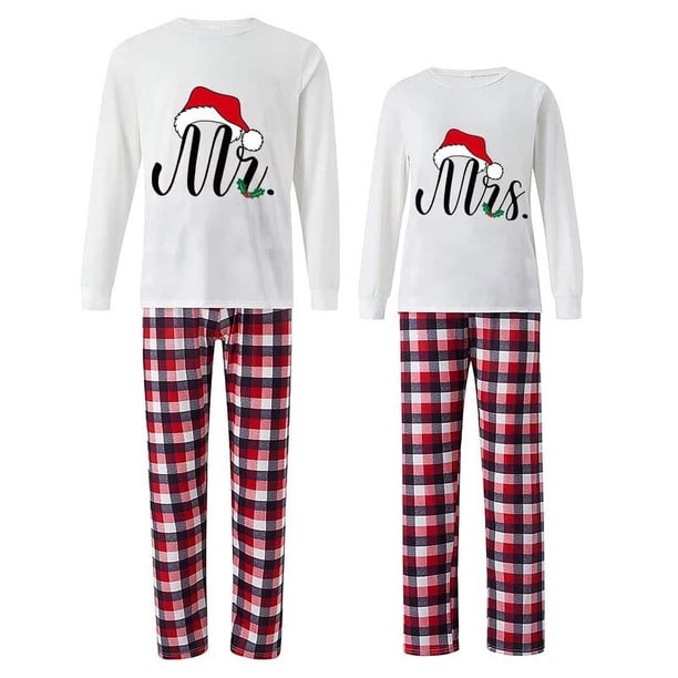 Pijama navideño a juego para pareja, conjunto de pijamas blancos, sombrero de Navidad, Mr & Mrs. Loungwear