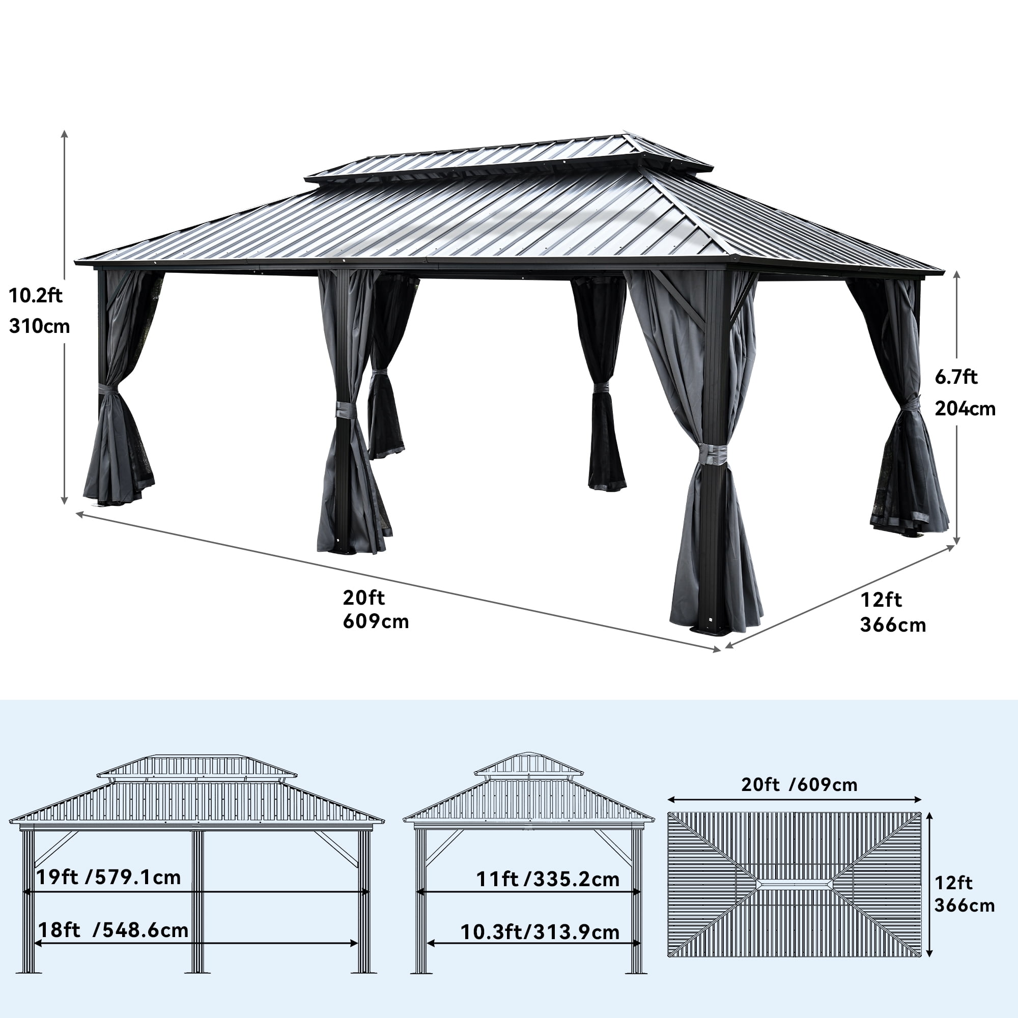Dextrus 12ft x20ft Double Roof Hardtop Gazebo with Netting&Curtains, Outdoor Gazebo with Heavy Duty Galvanized Steel,Ideal for Patio Lawn and Garden,Gray Curtain