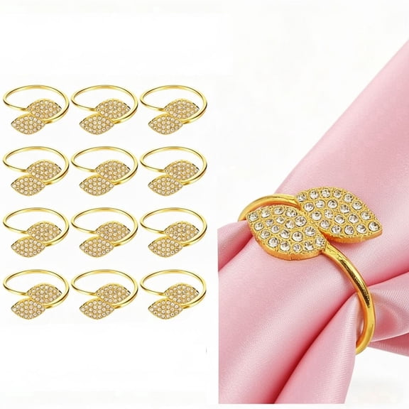 12-Piece Set of Gold Rhinestone Napkin Rings,  Handmade Bling Gold Napkin Holders, Metal Napkin Rings, ,Buckle Table Decor with Sparkling Accents for Weddings, Banquets, and Parties