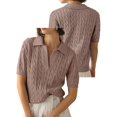 thumbnail image 3 of Women'S Cable Short Sleeve Sweaters Tops Solid Lapel V Neck Knit Casual Soft Pullover Shirt Camel S, 3 of 6