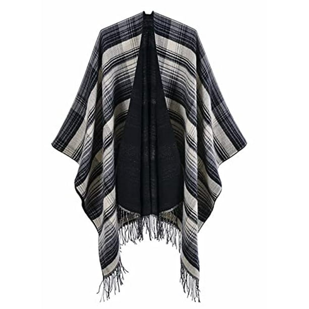StylesILove Women Reversible Plaid Fringe Knitted Open Front Poncho
