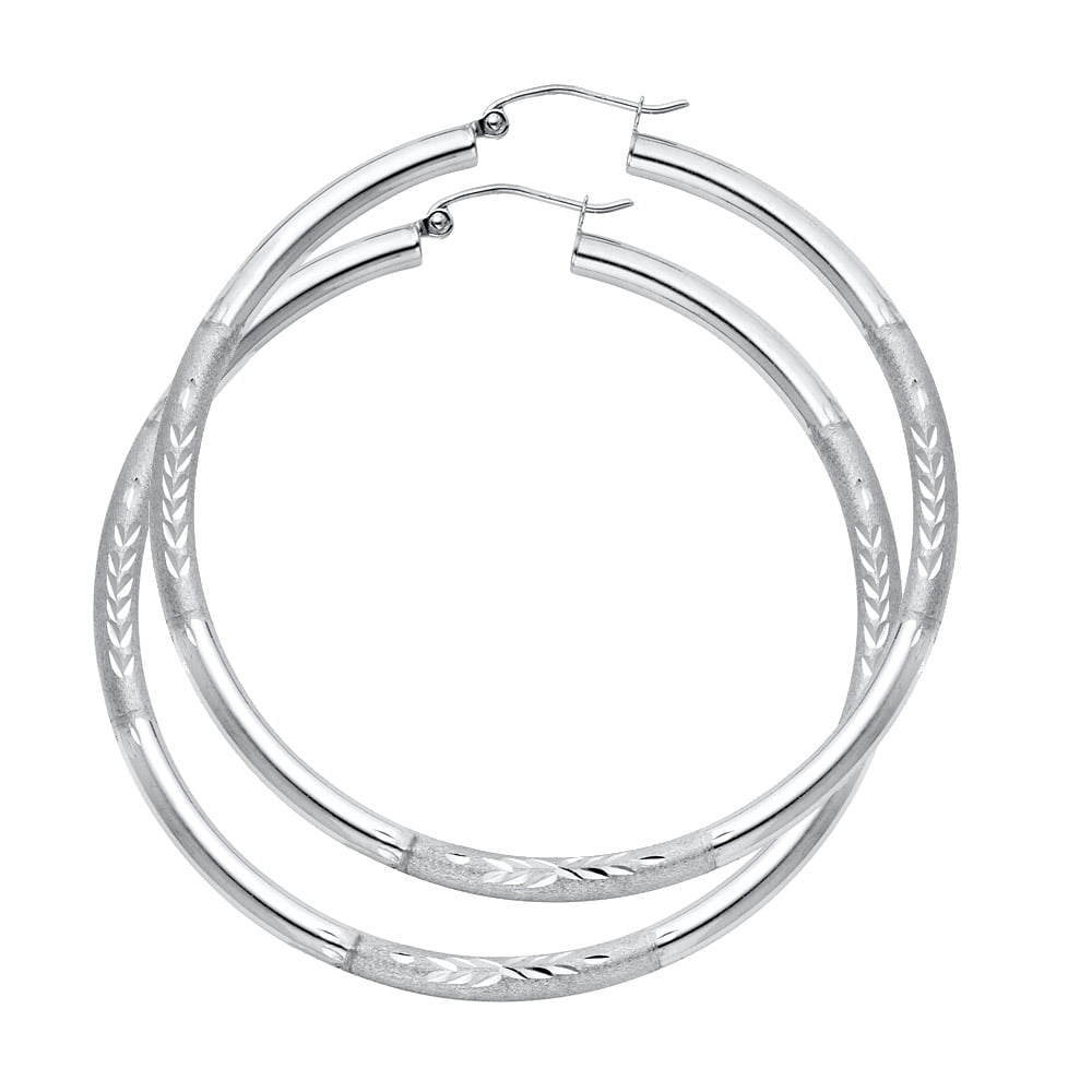 14k REAL White Gold 3mm Thickness Hinged Diamond Cut Hoop Earrings 6 Different Size Available