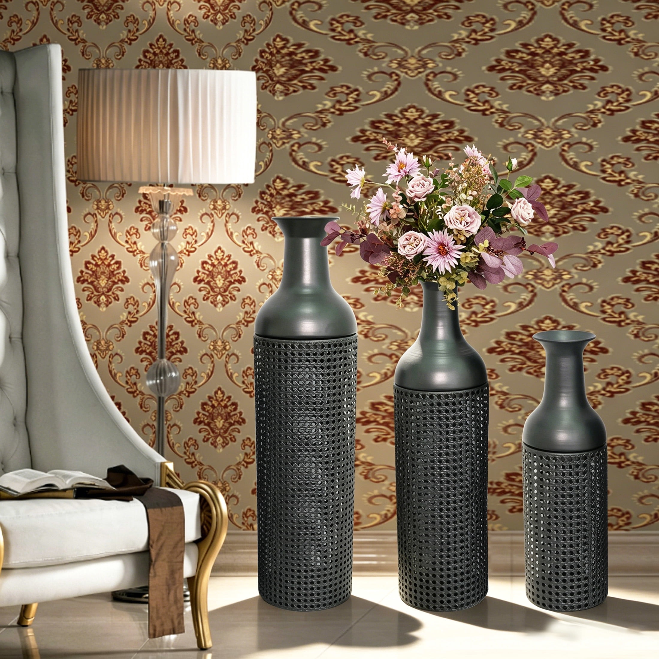 Noble House Set of 3 Decorative Metal Floor Vases, Cane Pattern Tall Vases, Black