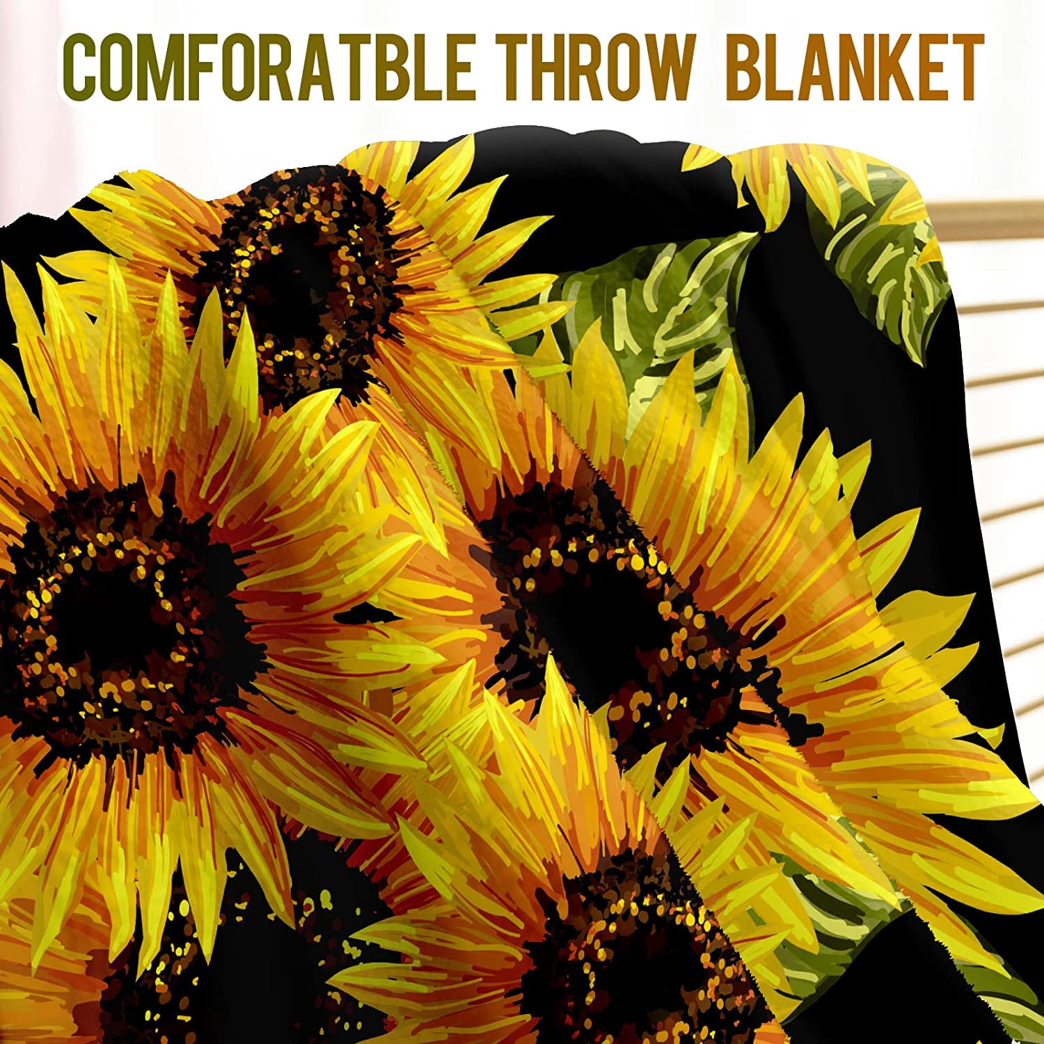 Sunflower Blanket Gifts for Women Girls Men Decor for Home Bedroom Living Room Chair Dorm, Warm Soft Cozy Smooth Lightweight Throw Plush Blankets Black Twin 60"x80"