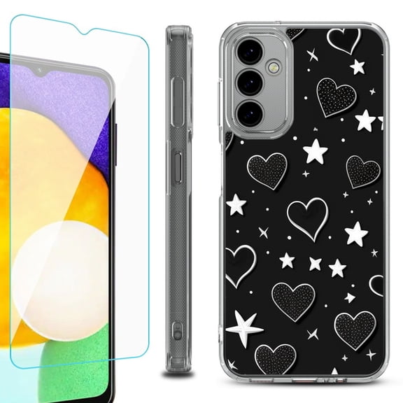 Shockproof Bumper Phone Case for Samsung Galaxy A14 5G, with Tempered Glass Screen Protector, by OneToughShield ® - Hearts n Stars