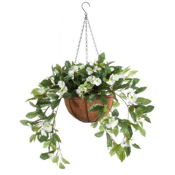 OakRidge Miles Kimball Fully Assembled Artificial Impatiens Hanging Basket, 10” Diameter and 18” Chain – White Polyester/Plastic Flowers in Metal and Coco Fiber Liner Basket for Indoor/Outdoor Use