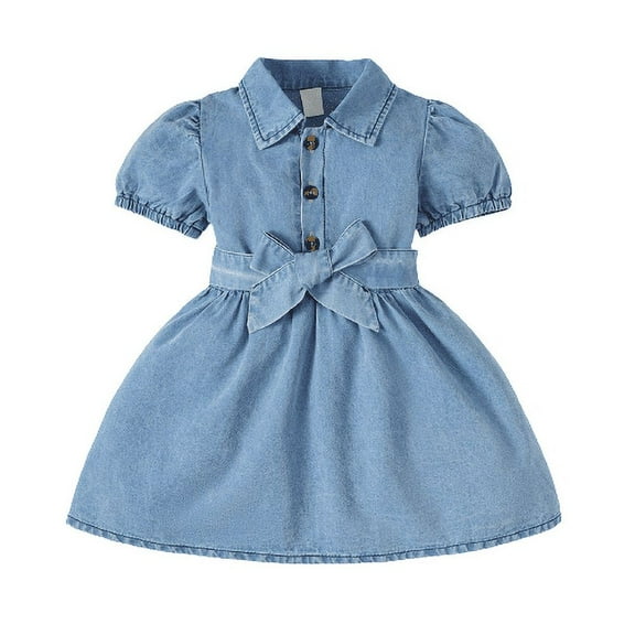 Mikrdoo Baby Girls Dress 18 Months Infant Girls Turn-down Collar 24 Months Girls Bubble Sleeve Jeans Dress One Piece Blue Dress