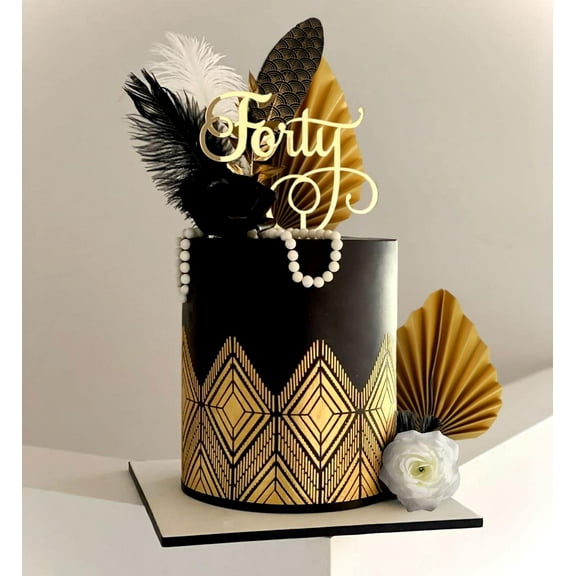 Feather Cake Decoration Set - 13 Pieces - Black, White & Gold - Gatsby, 1920s, Formal Event
