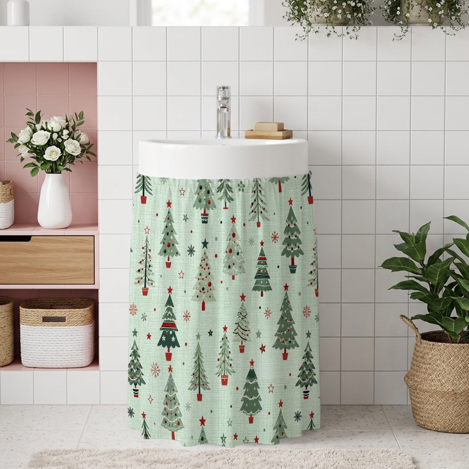 Green Christmas Tree Cabinet Curtains 11 x13 Under Sink Curtain Xmas Trees Snowflake Stars Winter Self Adhesive Sink Skirt Privacy Drape Short Curtains for Kitchen Bathroom