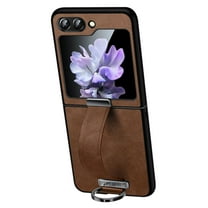 Phone Case for Samsung Galaxy Z Flip 6, PU Leather Cover and Wrist Strap Kickstand Wristband Holder Stand Ring Silicone Protective Cell Accessories for Z Flip 6 for Women Men - Brown