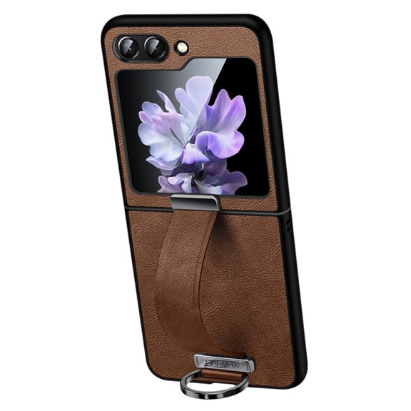 Phone Case for Samsung Galaxy Z Flip 6, PU Leather Cover and Wrist Strap Kickstand Wristband Holder Stand Ring Silicone Protective Cell Accessories for Z Flip 6 for Women Men - Brown
