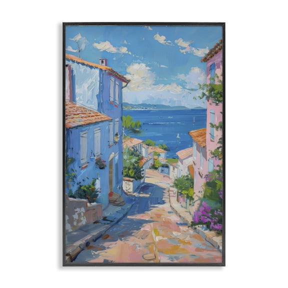 Stupell Industries Quiet Seaside Town's Path Cityscapes Painting Black Framed Art Print Wall Art, 12 x 18