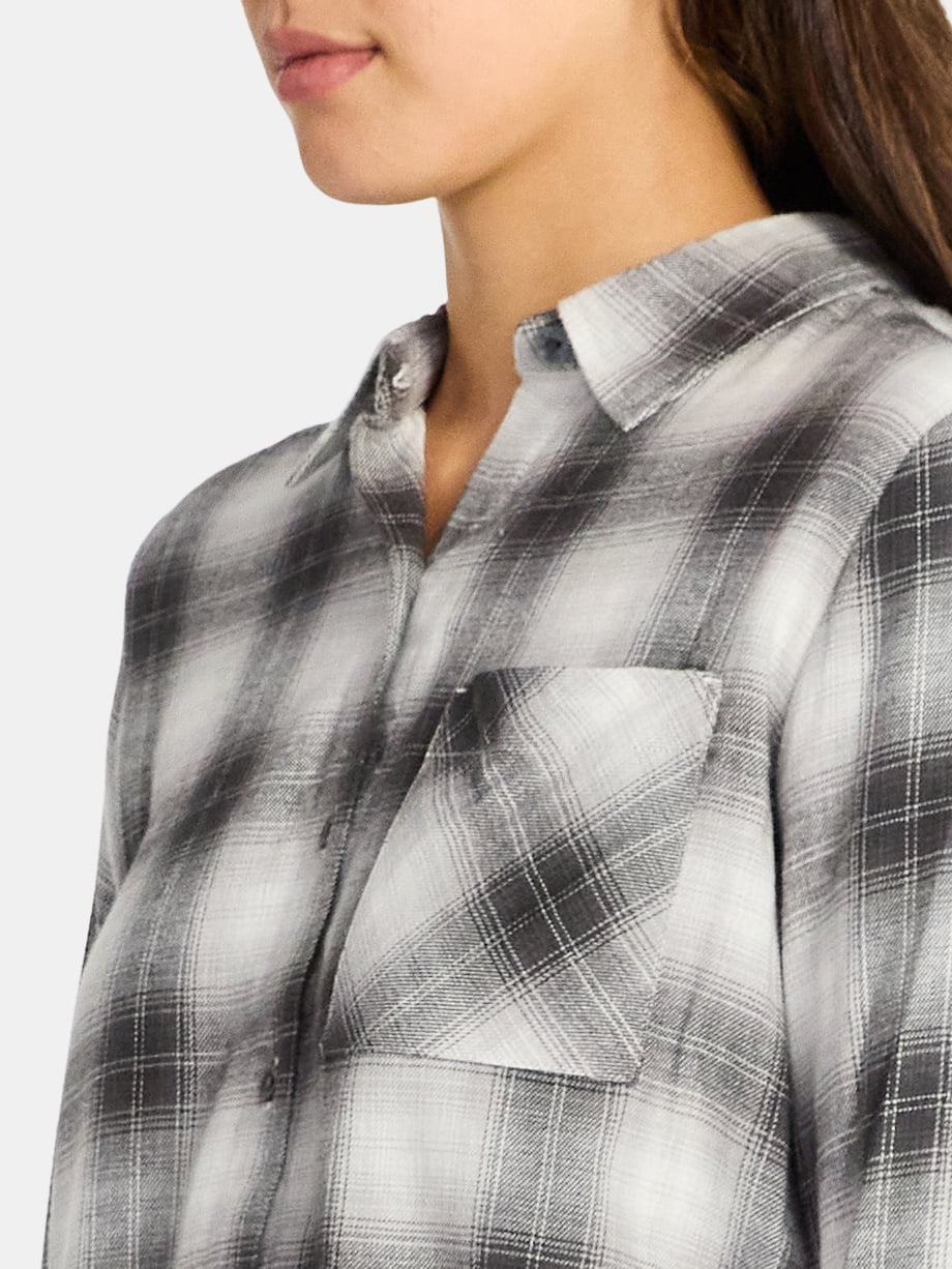 Time and Tru Women's Cropped Flannel Shirt with Long Sleeves, Sizes XS-XXXL
